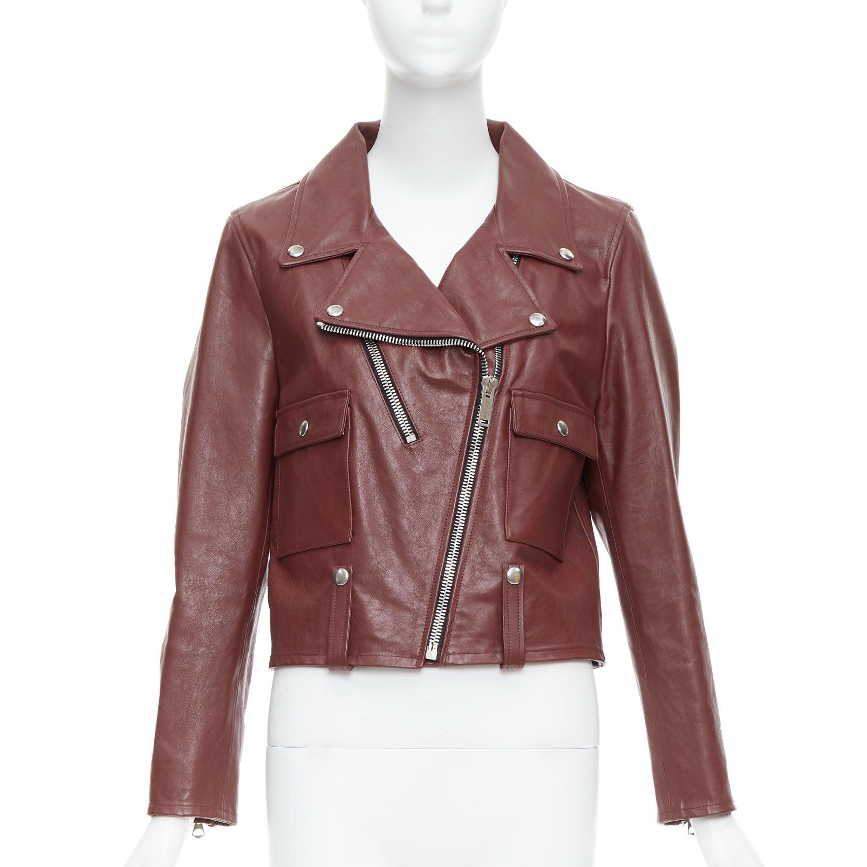 Brown GOLDEN GOOSE Life burgundy calfskin leather cropped biker jacket M For Sale