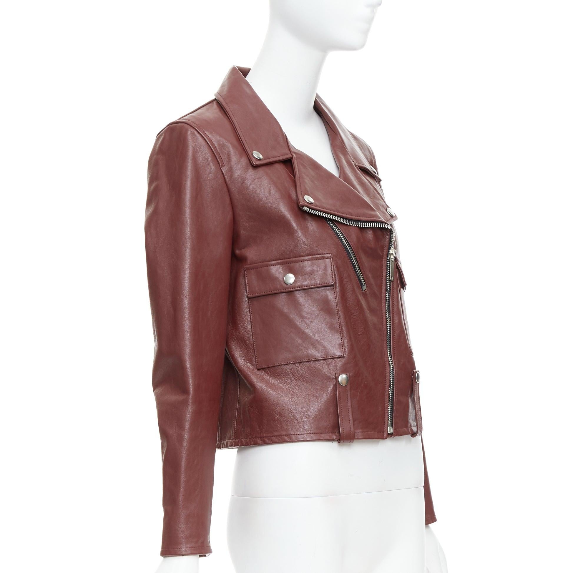 GOLDEN GOOSE Life burgundy calfskin leather cropped biker jacket M In Good Condition For Sale In Hong Kong, NT