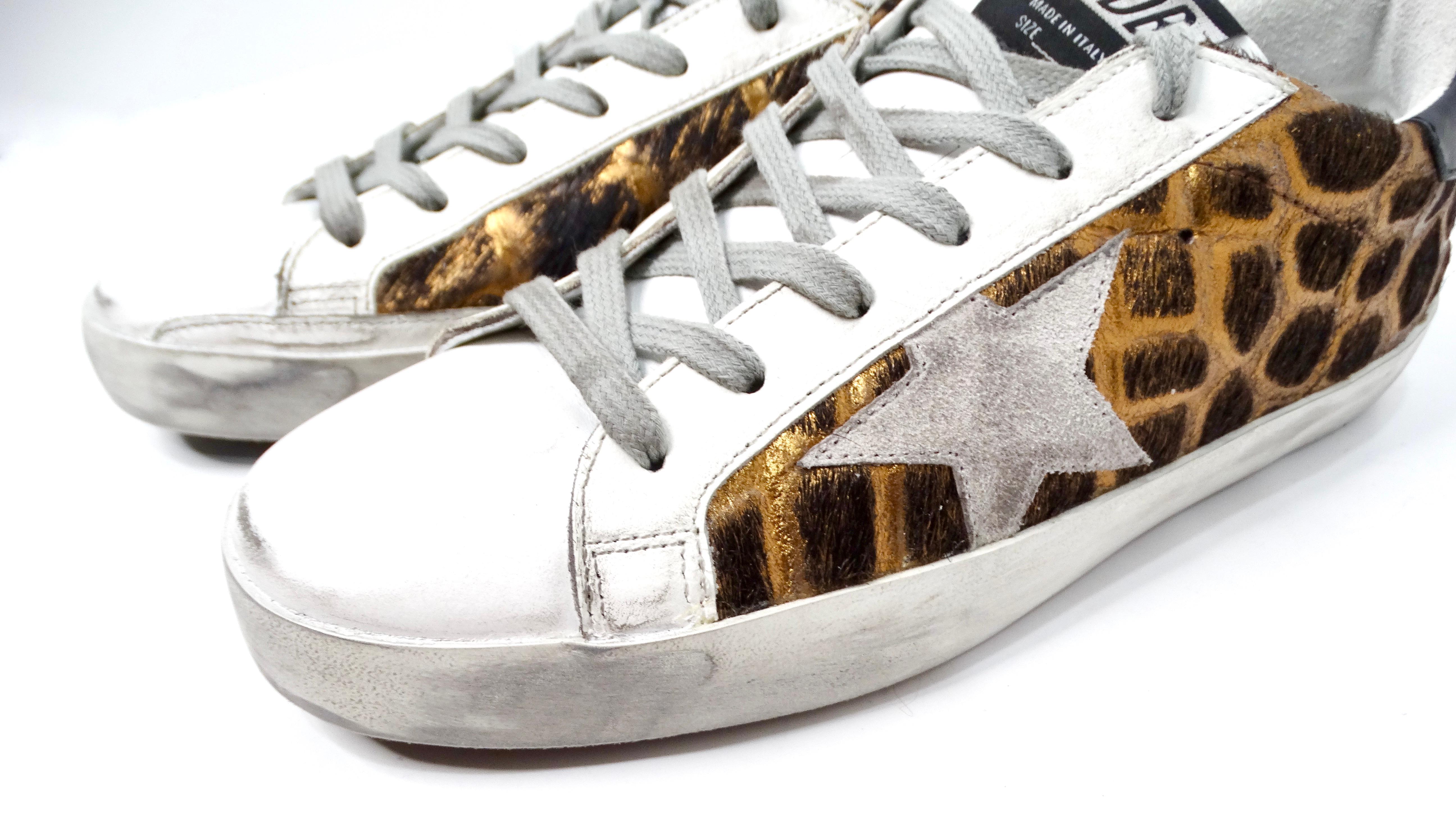 Gray Golden Goose Metallic Leather Animal Print Sneakers For Sale