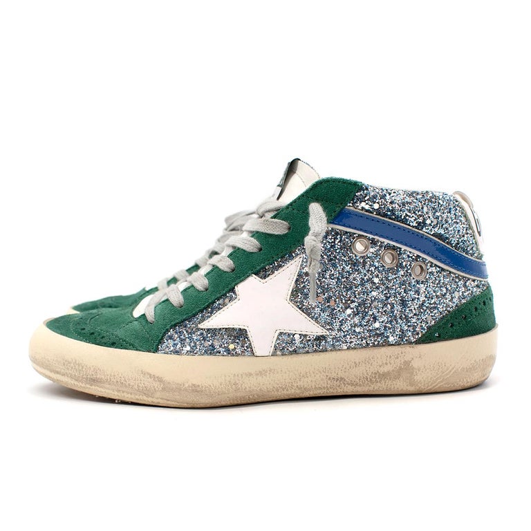 Golden Goose Mid Star Green Suede and Silver Glitter High Top Trainers ...