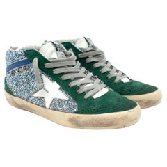 Golden Goose Mid Star Green Suede & Argent Paillettes High Top Trainers