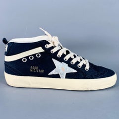 GOLDEN GOOSE MIDSTAR Size 7 Navy Cream Canvas Distressed Mid Top Sneakers