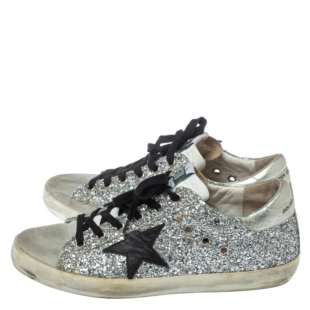 Women's Golden Goose Silver Glitter And Suede Superstar Low Top Sneakers Size 39