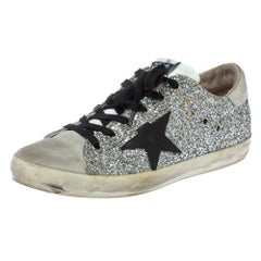 Used Golden Goose Silver Glitter And Suede Superstar Low Top Sneakers Size 39