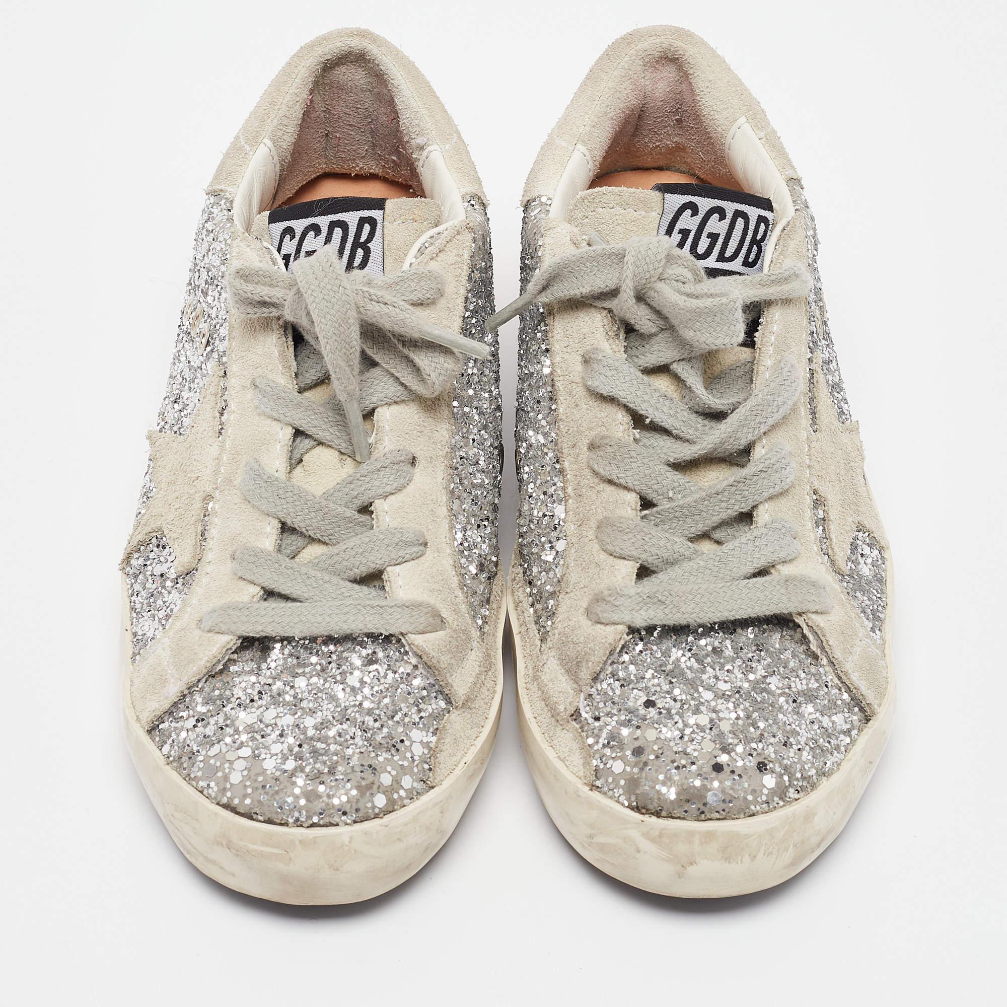 Beige Golden Goose Silver/Grey Glitter and Suede Hi Star Low-Top Sneakers Size 30 For Sale