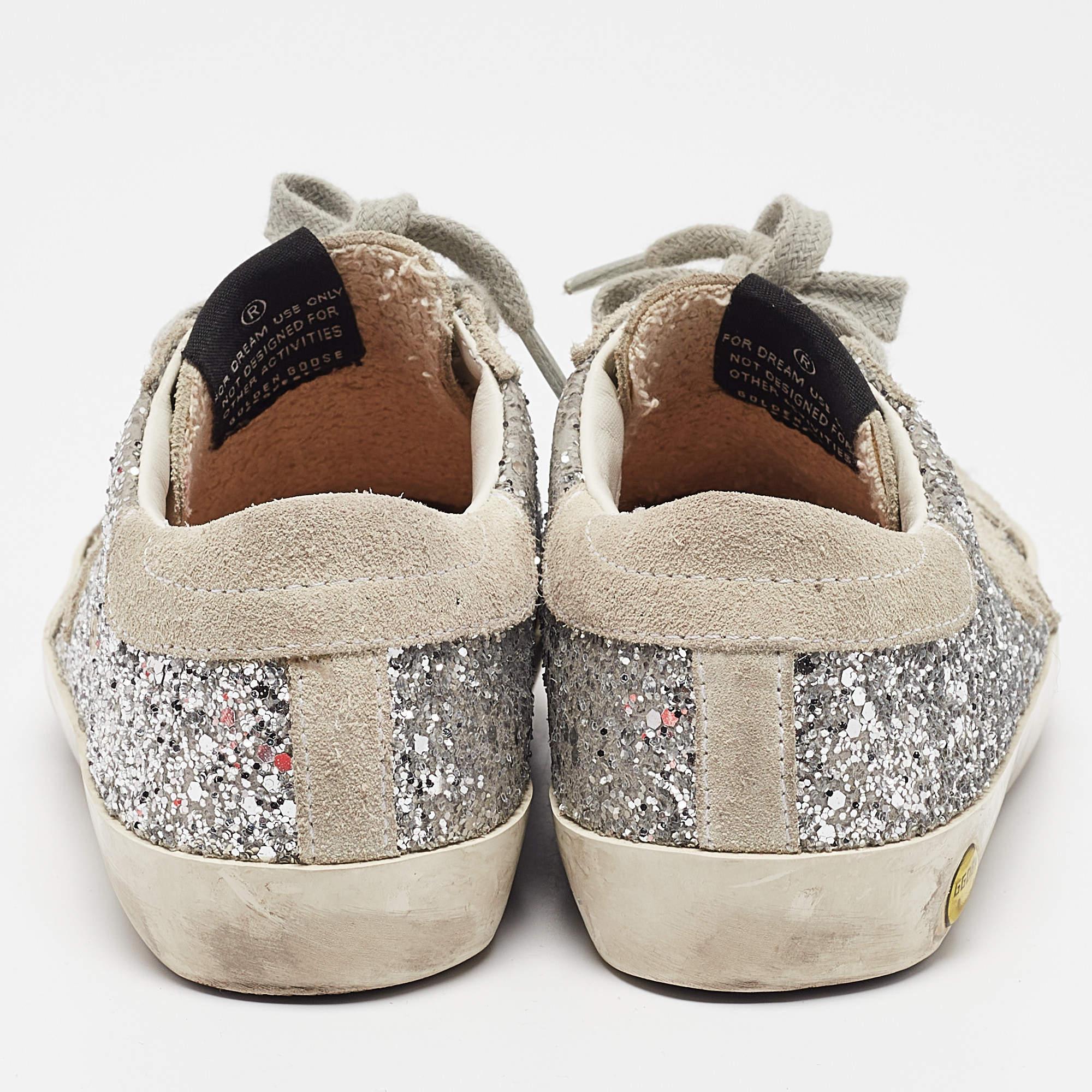 Women's or Men's Golden Goose Silver/Grey Glitter and Suede Hi Star Low-Top Sneakers Size 30 For Sale
