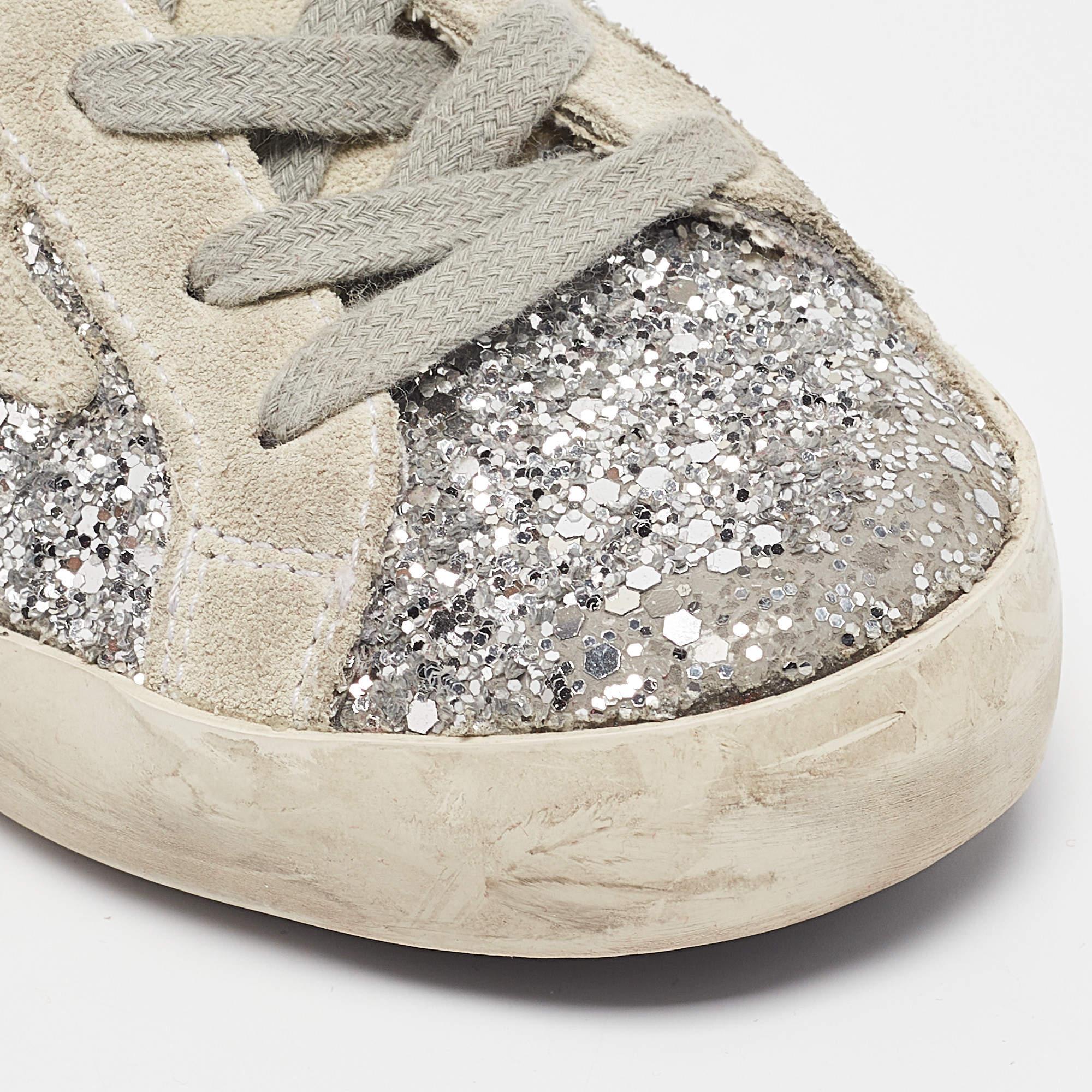Golden Goose Silver/Grey Glitter and Suede Hi Star Low-Top Sneakers Size 30 For Sale 2