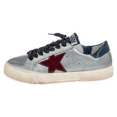 Used Golden Goose Silver Leather And Suede May Low Top Sneakers Size 36