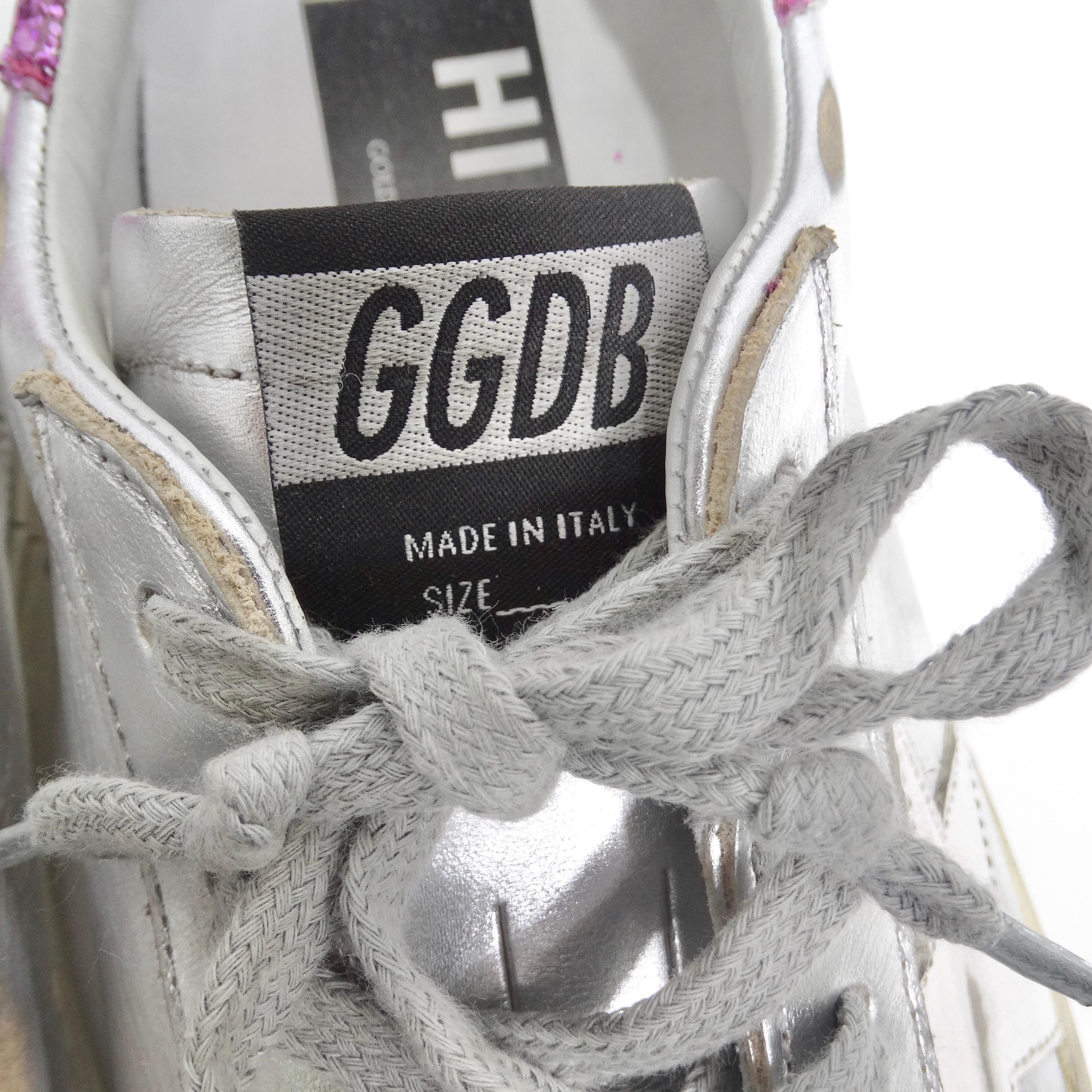 Golden Goose Silver/Pink Leather And Glitter Superstar Low Top Sneakers In Excellent Condition For Sale In Scottsdale, AZ