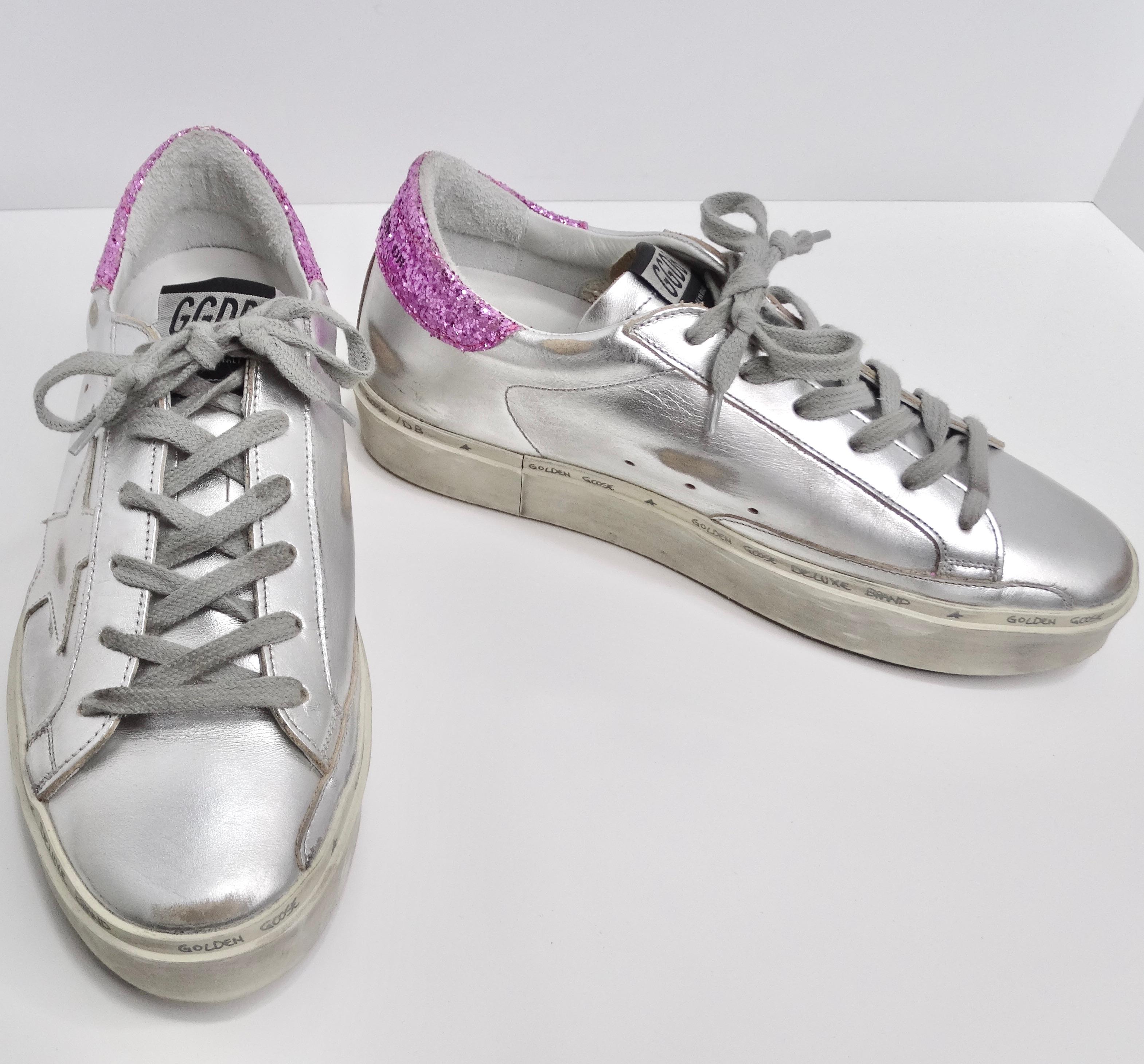 Women's or Men's Golden Goose Silver/Pink Leather And Glitter Superstar Low Top Sneakers For Sale