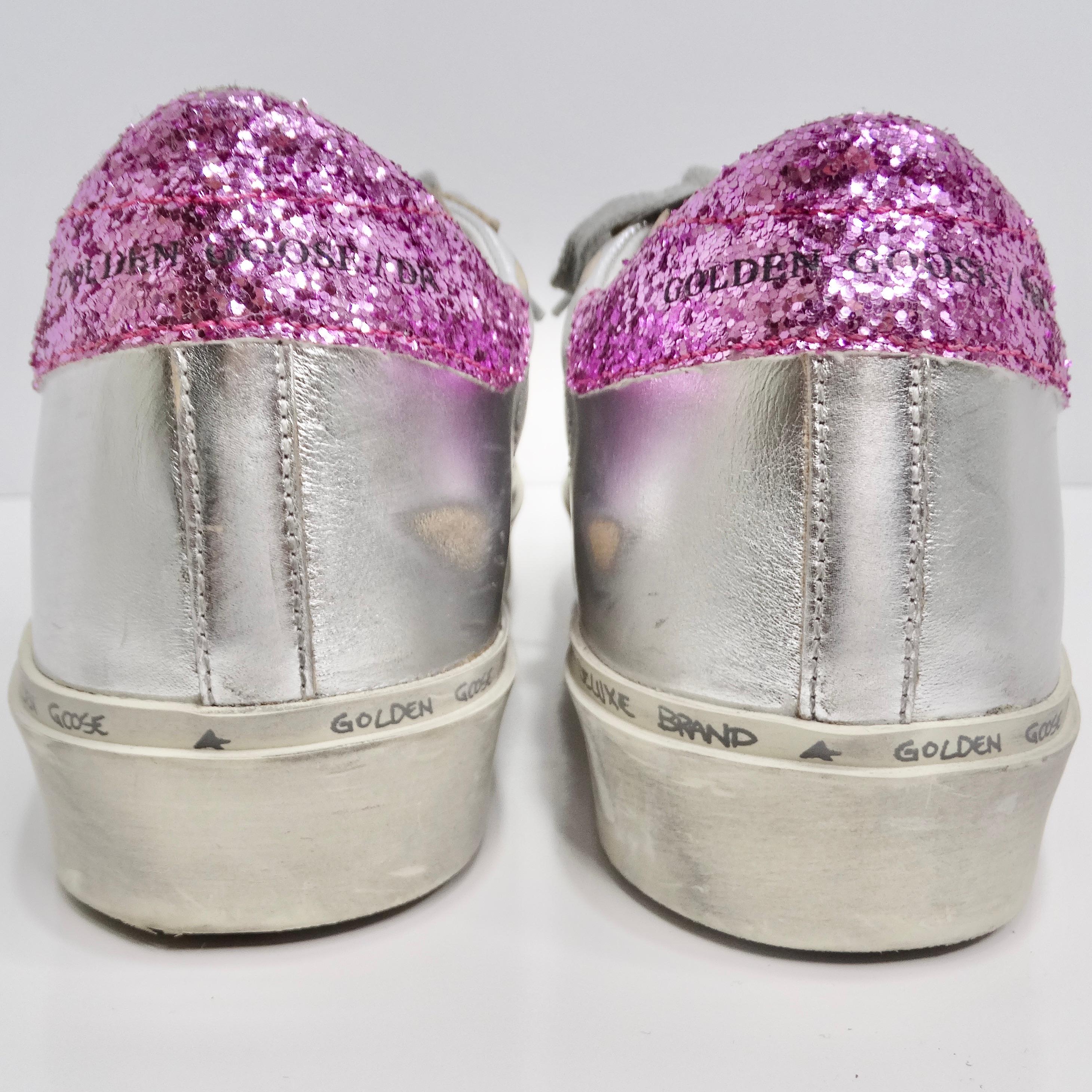 Golden Goose Silver/Pink Leather And Glitter Superstar Low Top Sneakers For Sale 2