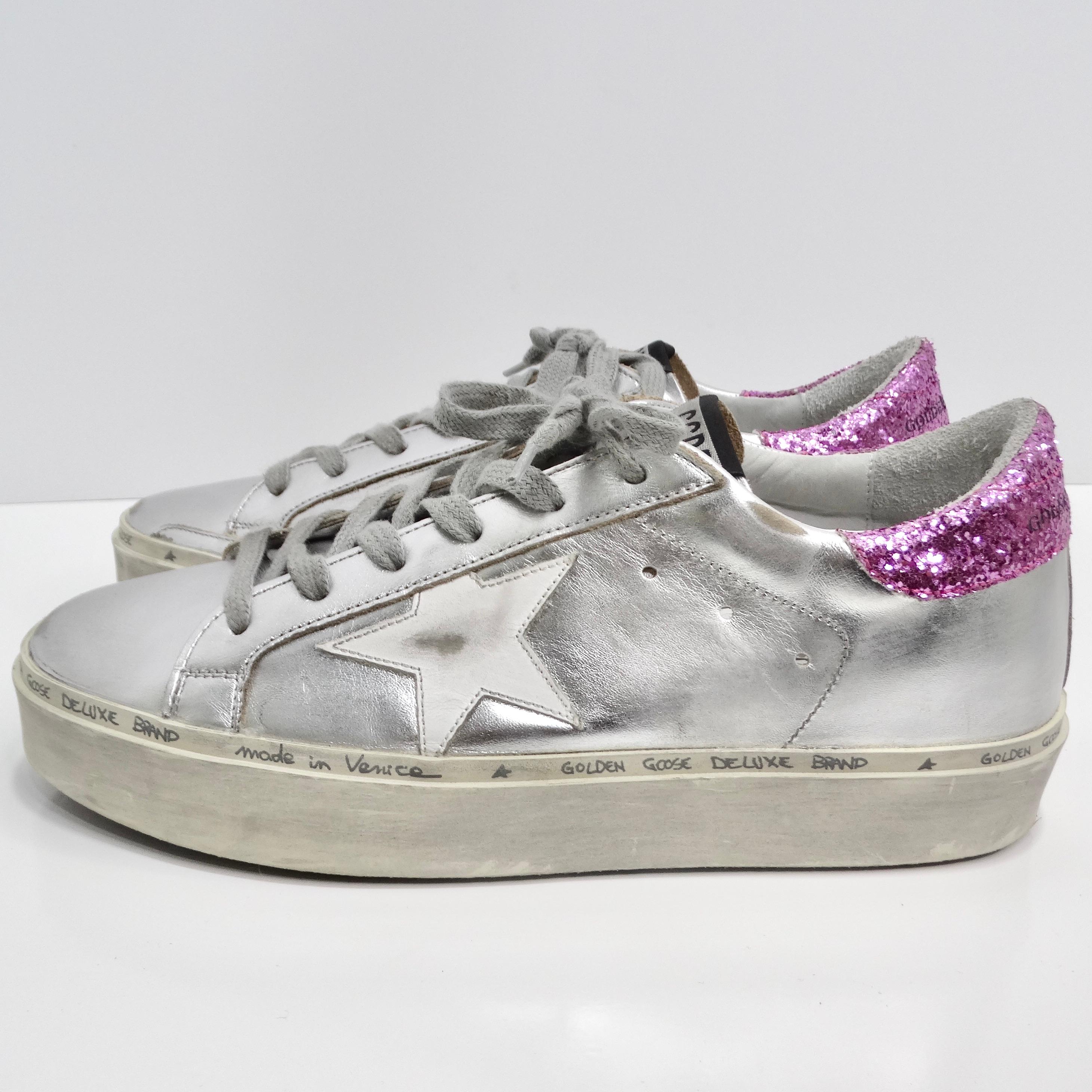 Golden Goose Silver/Pink Leather And Glitter Superstar Low Top Sneakers For Sale 4