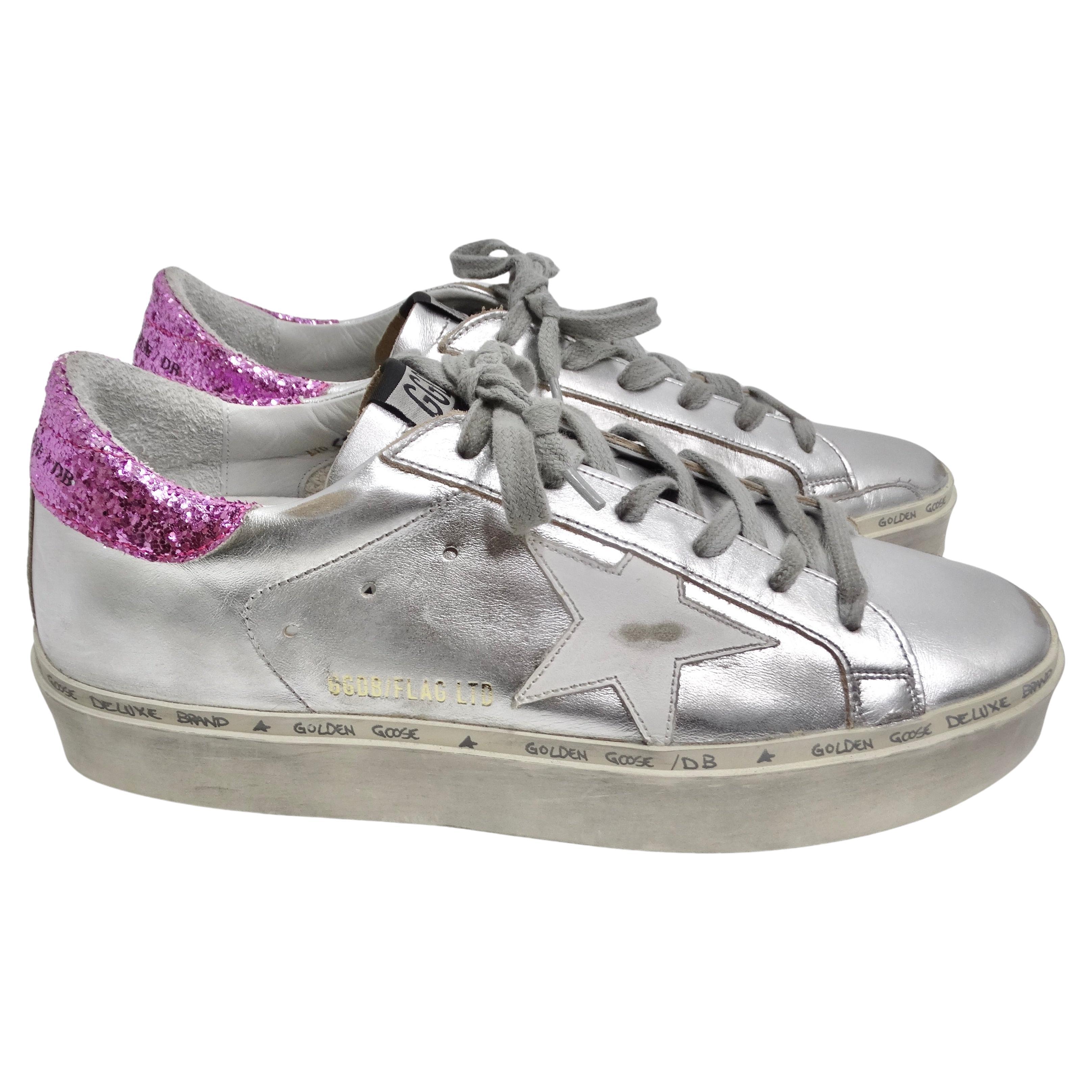 Golden Goose Silver/Pink Leather And Glitter Superstar Low Top Sneakers For Sale