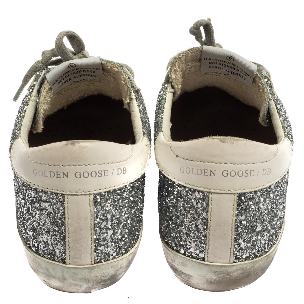 Gray Golden Goose Silver/White Glitter And Leather Superstar Sneakers Size 37