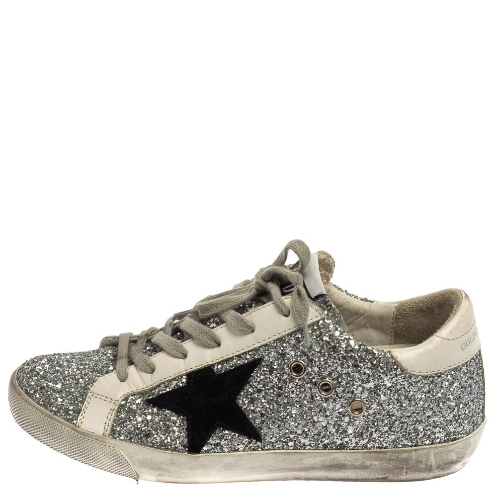 Women's Golden Goose Silver/White Glitter And Leather Superstar Sneakers Size 37