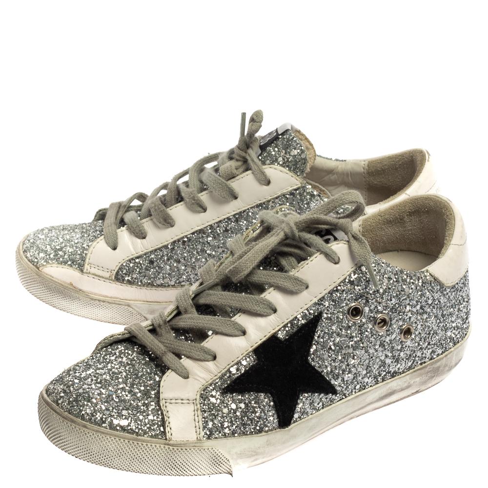 Golden Goose Silver/White Glitter And Leather Superstar Sneakers Size 37 2