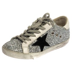 Used Golden Goose Silver/White Glitter And Leather Superstar Sneakers Size 37