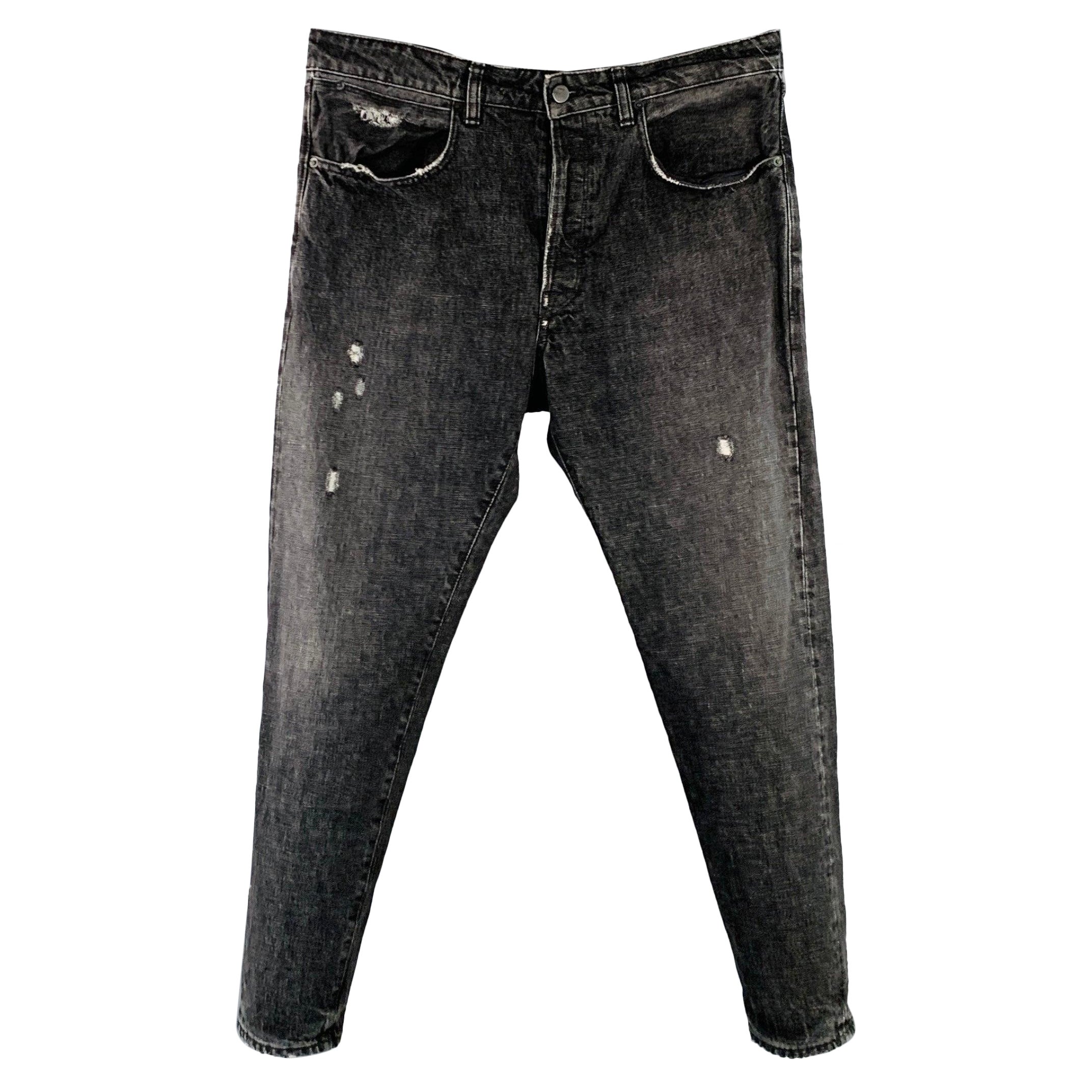 GOLDEN GOOSE Size 34 Black Washed Selvedge Denim Tapered Distressed Jeans