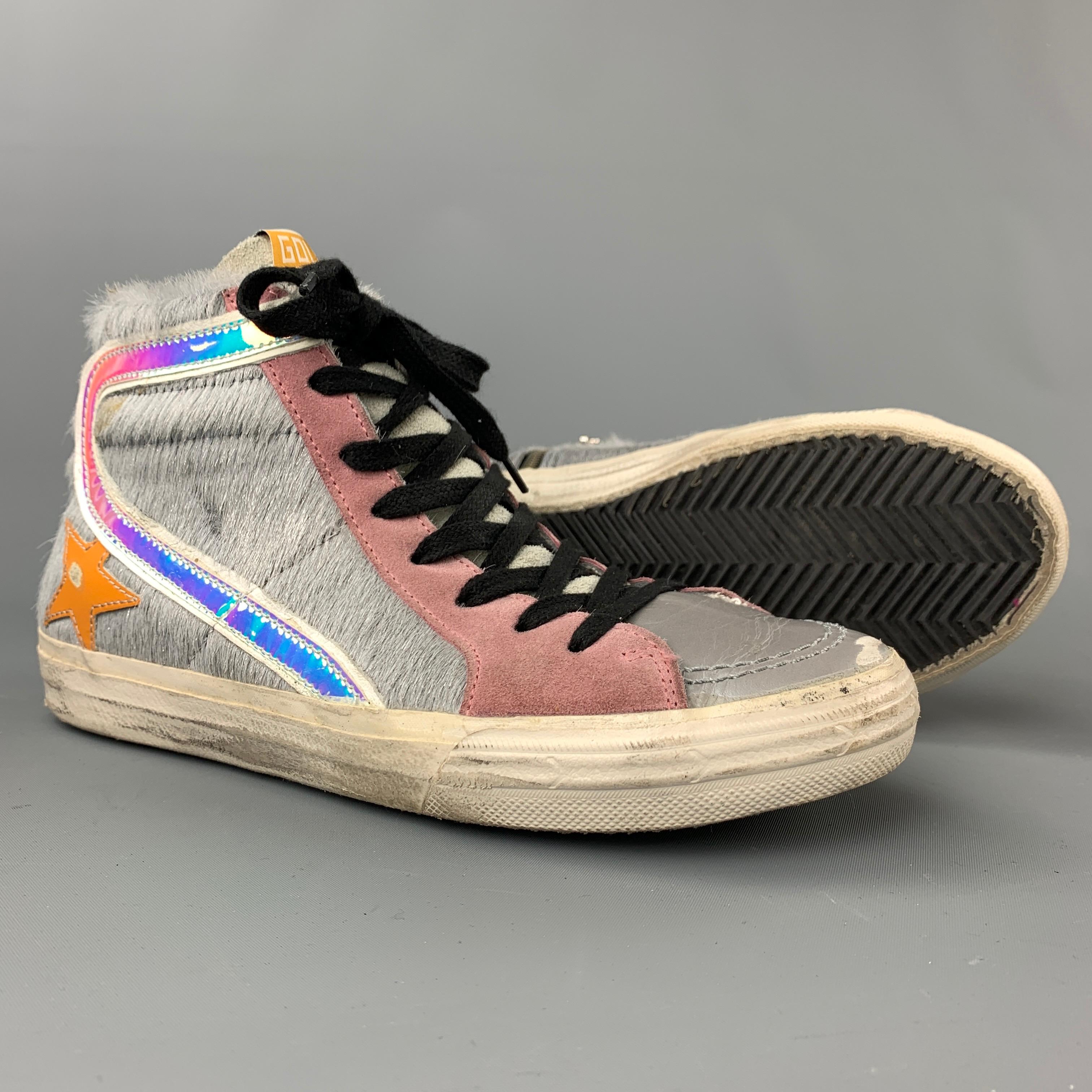 GOLDEN GOOSE Größe 8 Ponyhaar-Turnschuhe aus Leder in Grau & Rosa im Zustand „Gut“ in San Francisco, CA