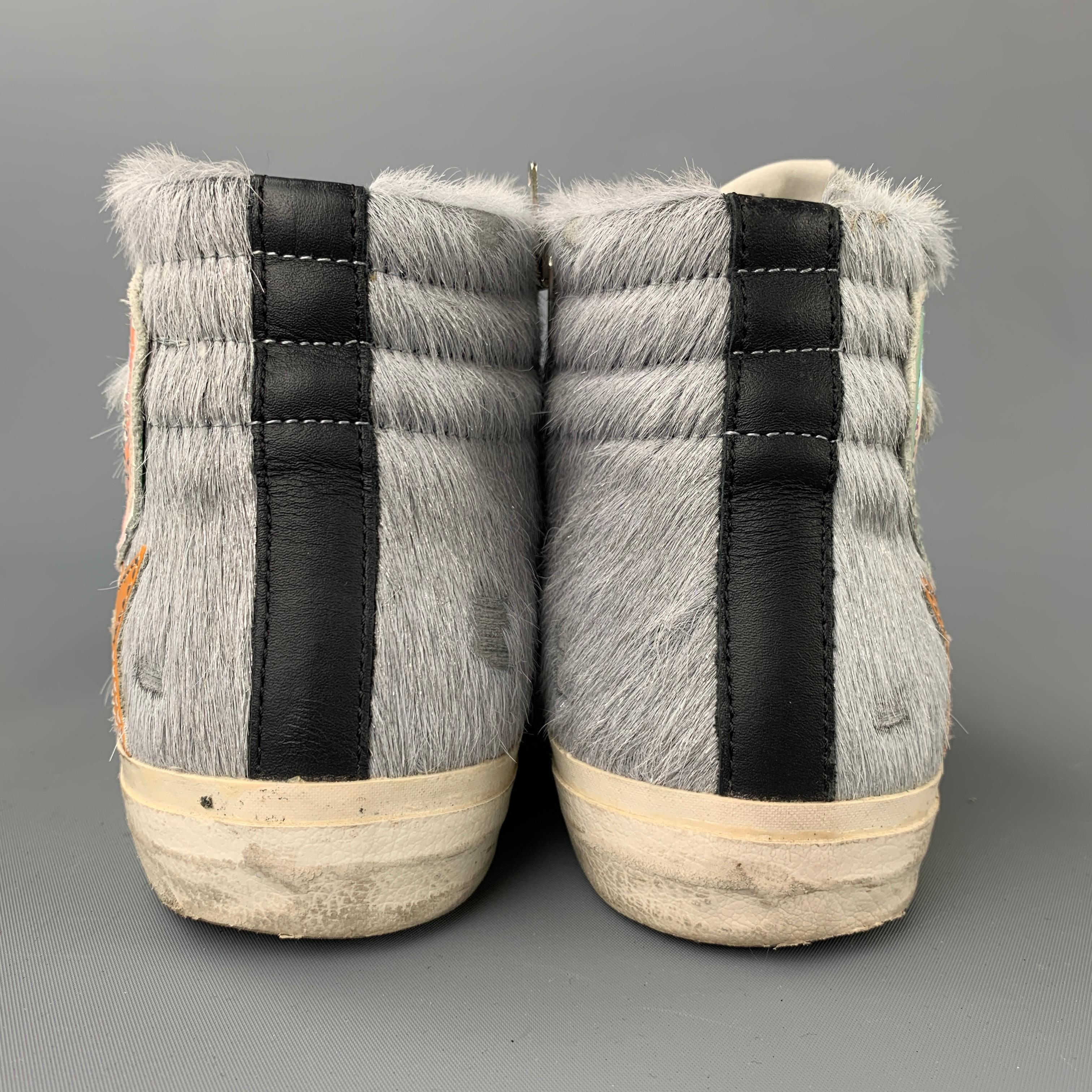 GOLDEN GOOSE Größe 8 Ponyhaar-Turnschuhe aus Leder in Grau & Rosa 1