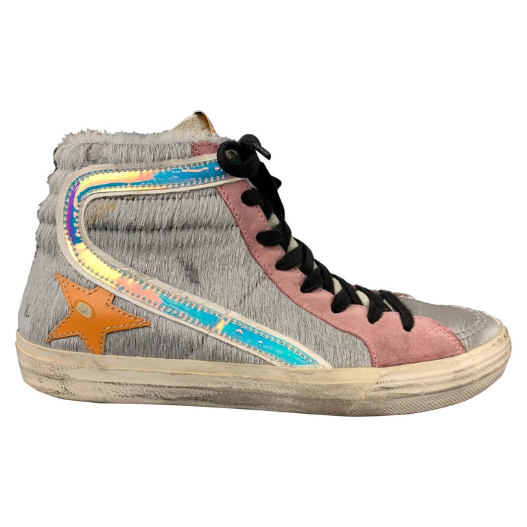 GOLDEN GOOSE Size 8 Grey and Pink Leather Pony Hair Slide Sneakers For Sale  at 1stDibs