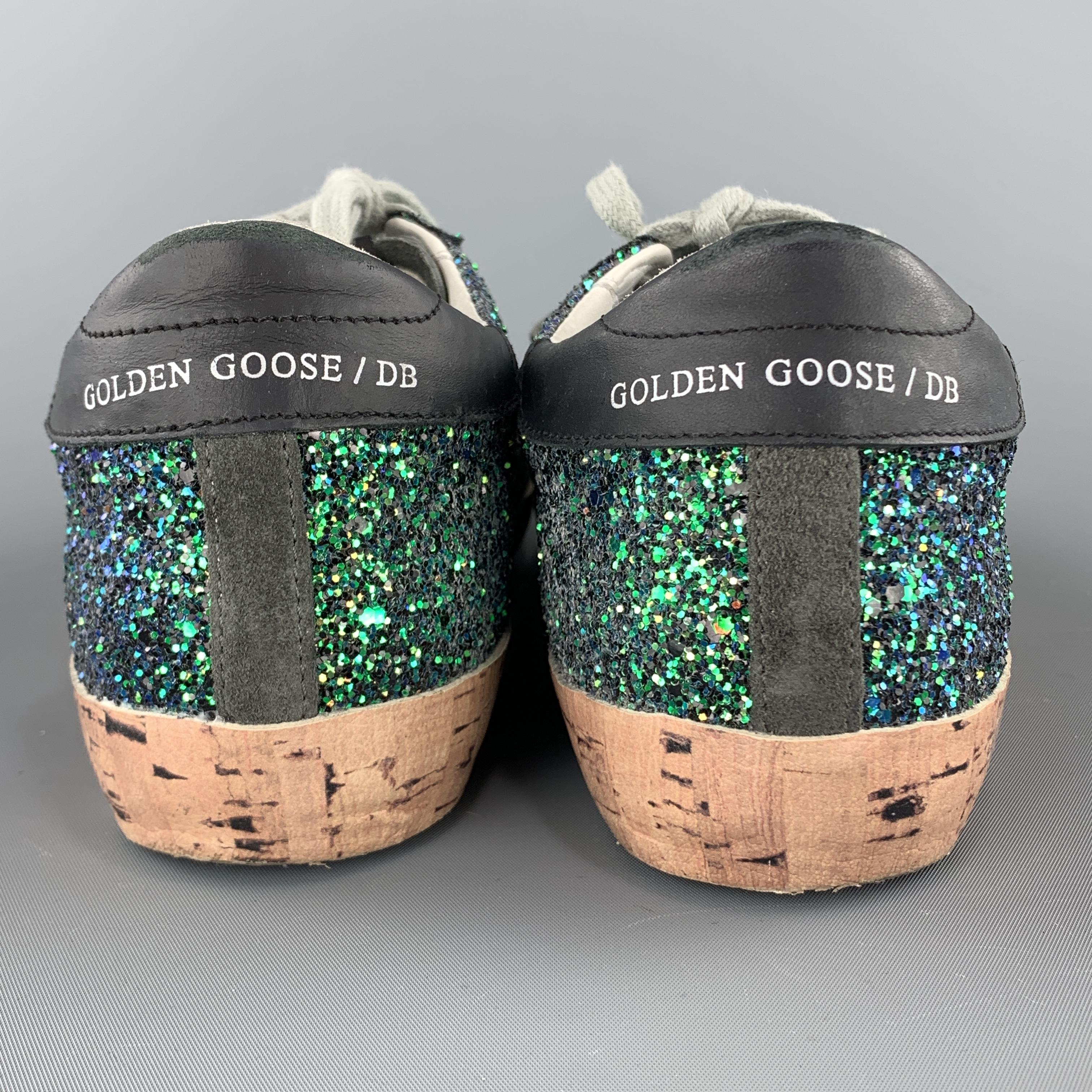 Black GOLDEN GOOSE Size 8 Green Glitter Suede Distressed SUPERSTAR Sneakers