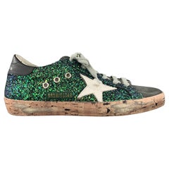 Used GOLDEN GOOSE Size 8 Green Glitter Suede Distressed SUPERSTAR Sneakers