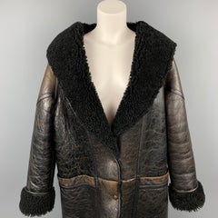 GOLDEN GOOSE Size S Dark Brown Crackled Leather Shearling Hooded Oversized Coat