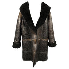 GOLDEN GOOSE Size S Dark Brown Crackled Leather Shearling Hooded Oversized Coat
