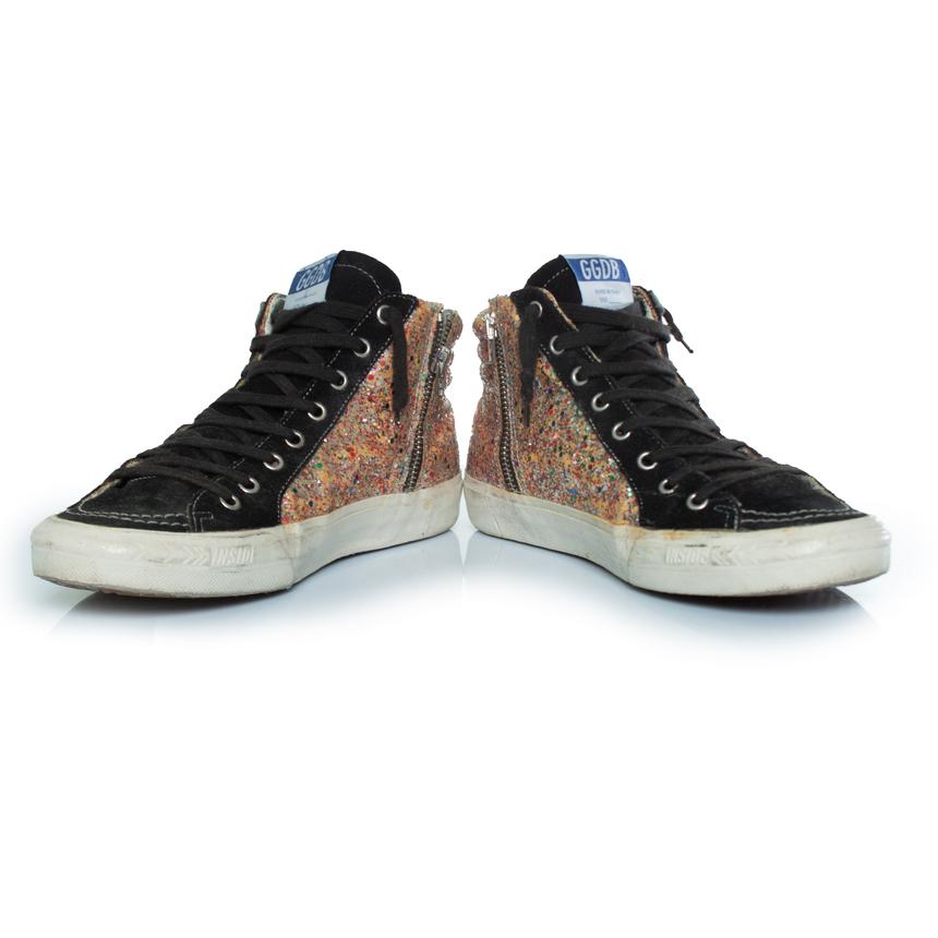 Black Golden Goose, Slide high top glitter sneakers with suede For Sale