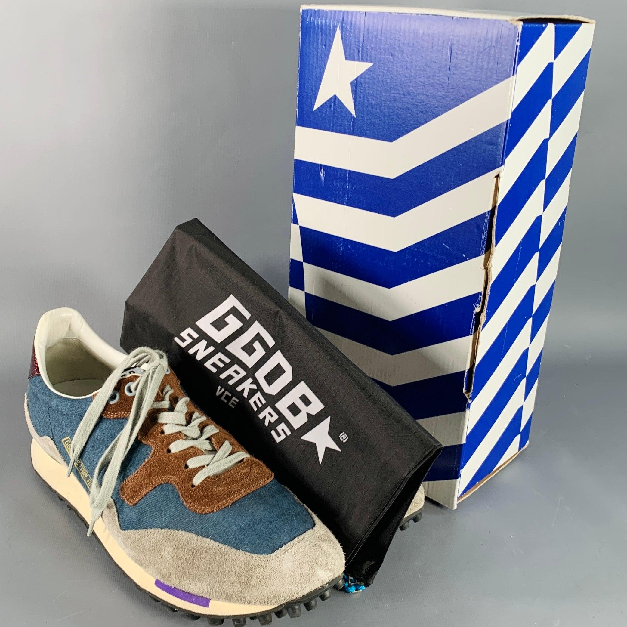 GOLDEN GOOSE STARLAND Size 11 Blue Grey Brown Color Block Canvas Suede Low Top Sneakers en vente 5