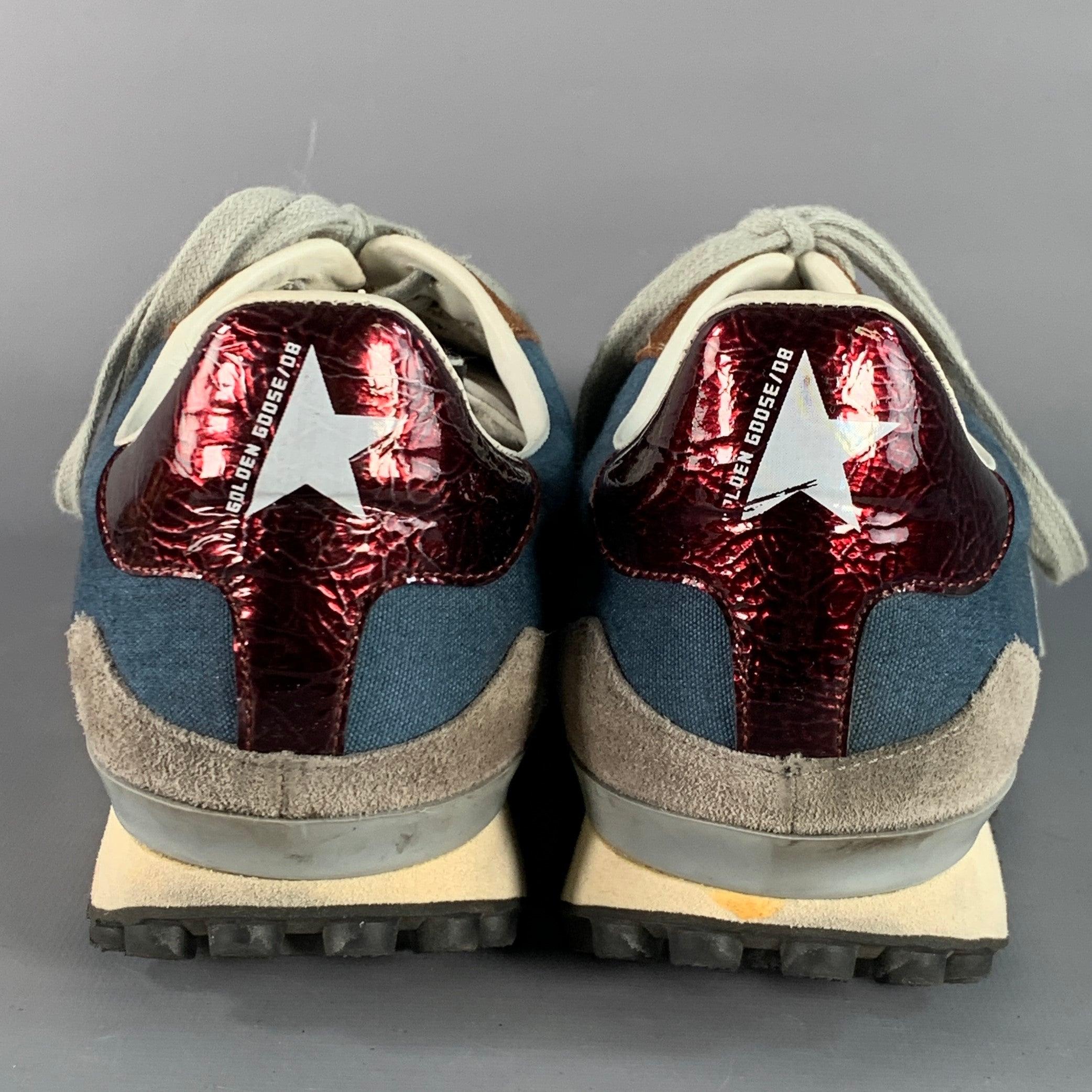 Beige GOLDEN GOOSE STARLAND Size 11 Blue Grey Brown Color Block Canvas Suede Low Top Sneakers en vente