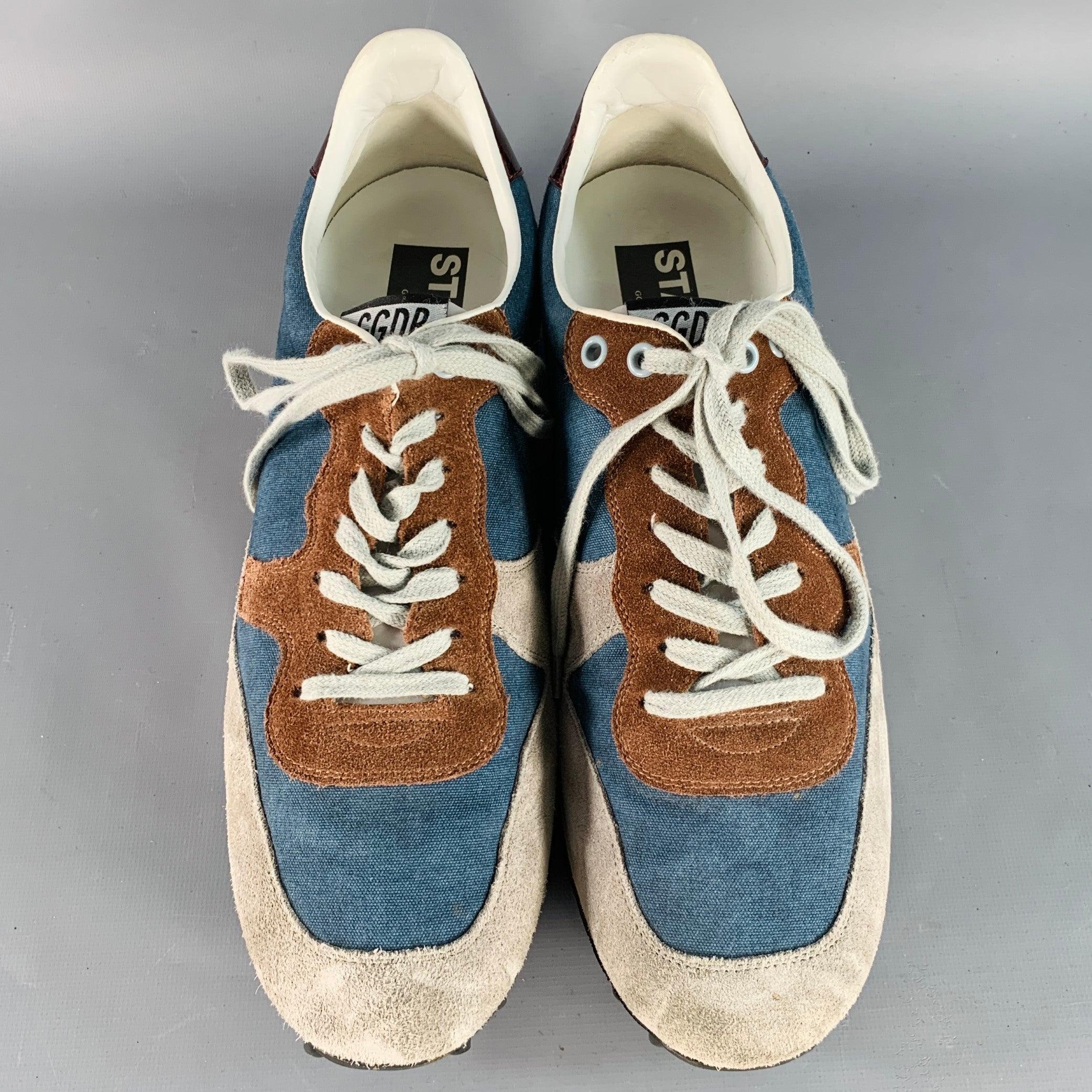 GOLDEN GOOSE STARLAND Size 11 Blue Grey Brown Color Block Canvas Suede Low Top Sneakers Bon état - En vente à San Francisco, CA