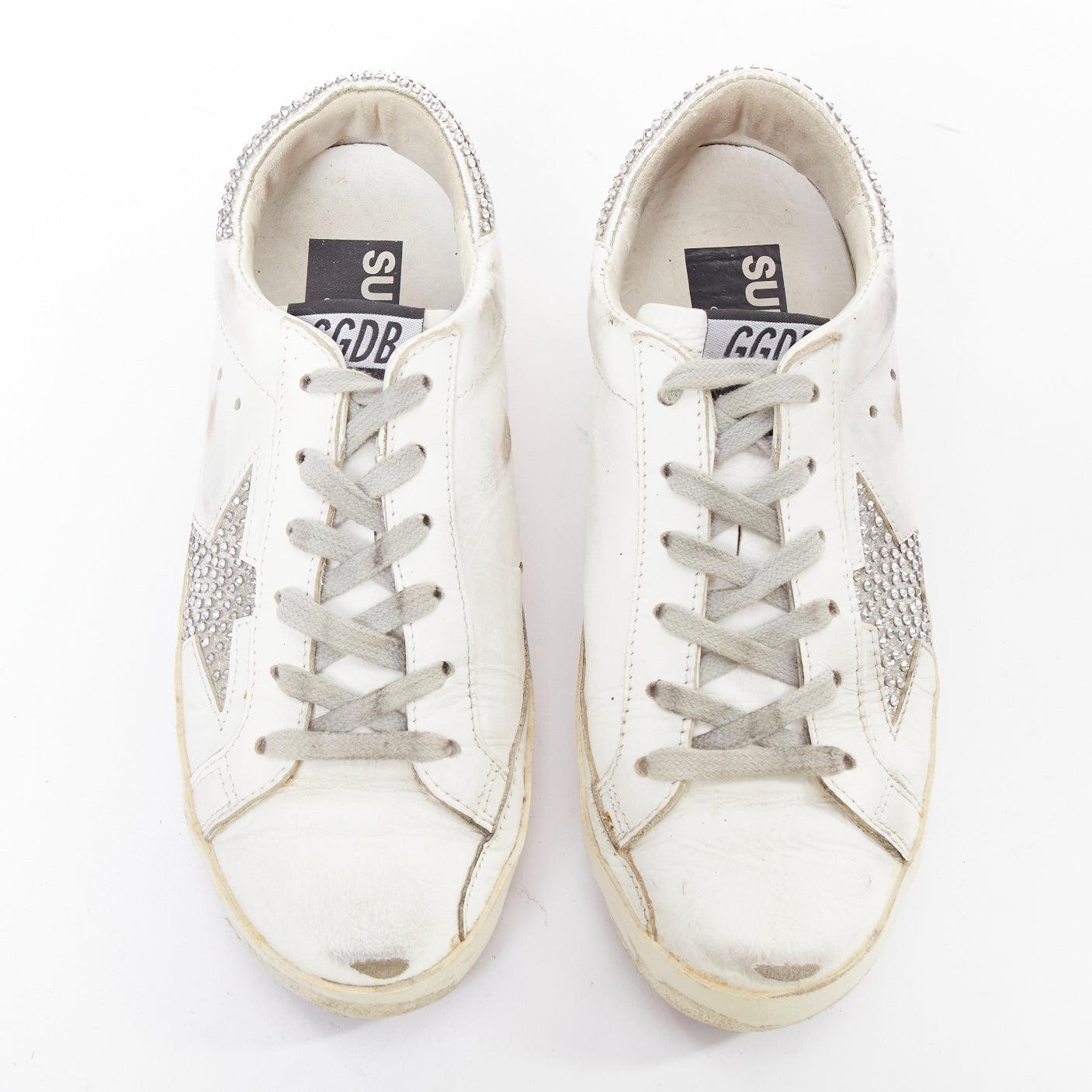 Blanc GOLDEN GOOSE Super Star silver crystal strass white distressed sneakers EU36 en vente