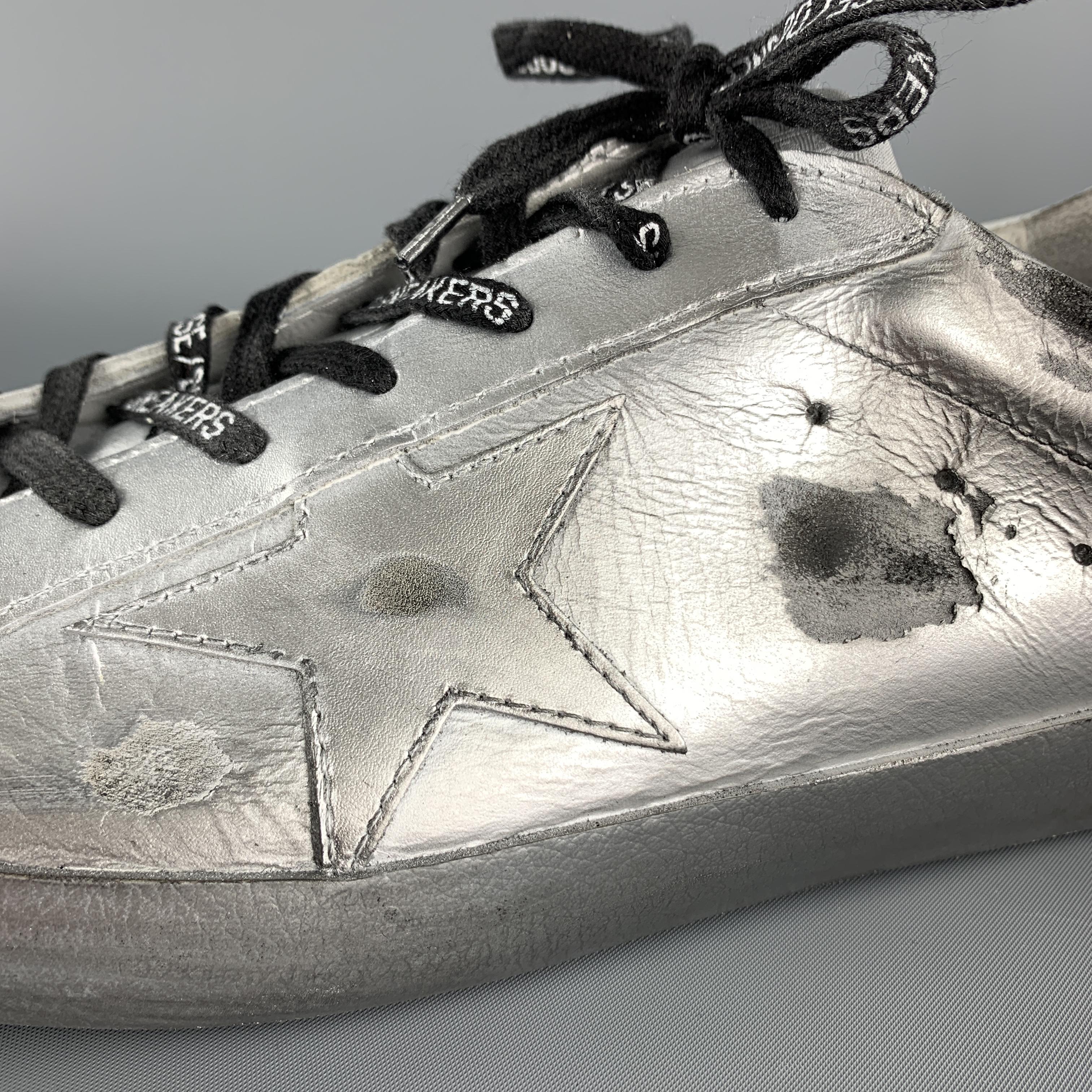 Men's GOLDEN GOOSE SUPERSTAR RAY Size 10 Silver Metallic Leather Star Patch Sneakers