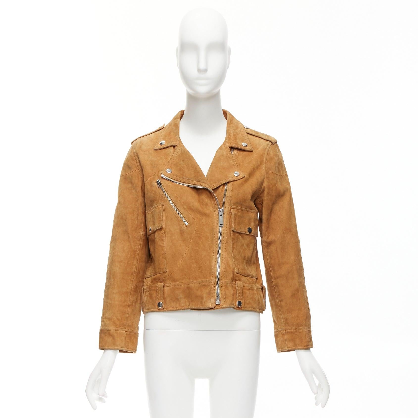 GOLDEN GOOSE tobacco brown distressed suede silver stud logo biker jacket For Sale 5