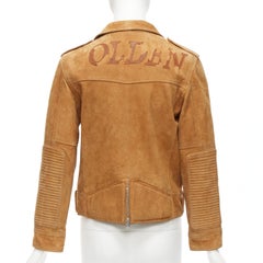 GOLDEN GOOSE tobacco brown distressed suede silver stud logo biker jacket