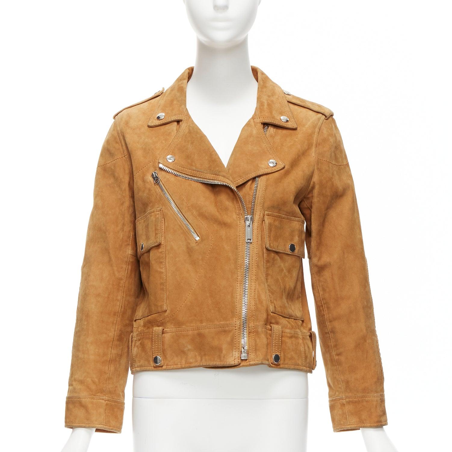 GOLDEN GOOSE tobacco brown distressed suede silver stud logo biker jacket In Excellent Condition For Sale In Hong Kong, NT