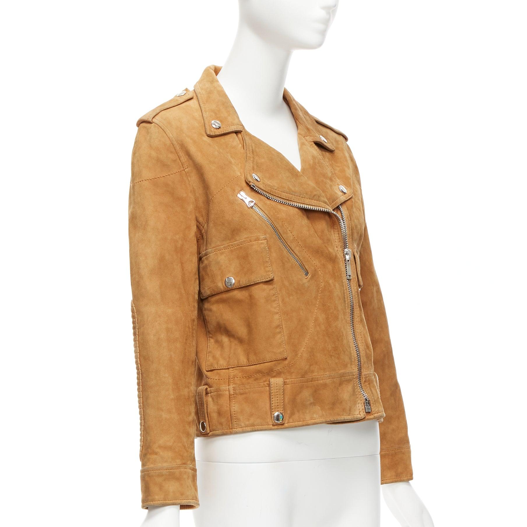 GOLDEN GOOSE tobacco brown distressed suede silver stud logo biker jacket In Excellent Condition For Sale In Hong Kong, NT