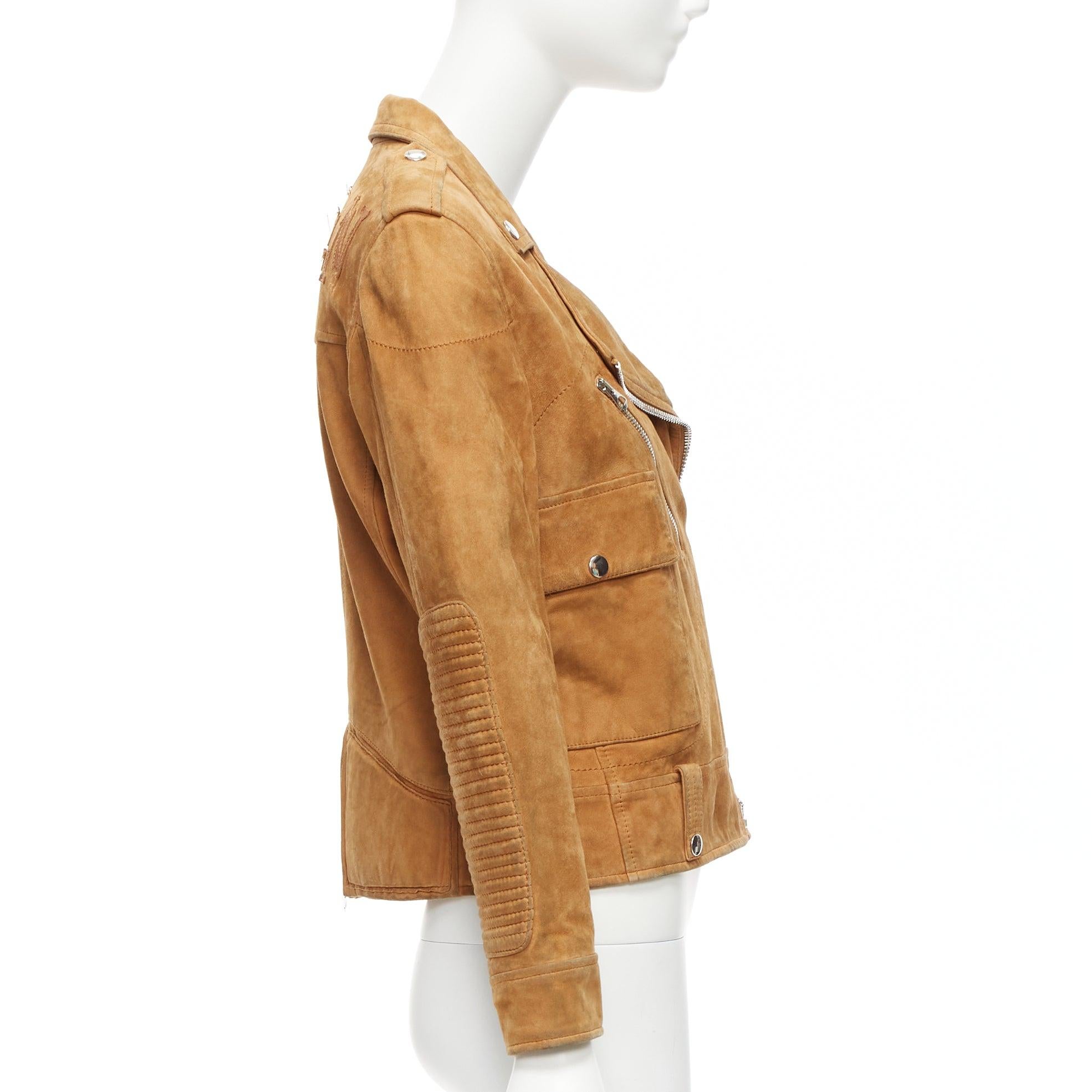 Women's GOLDEN GOOSE tobacco brown distressed suede silver stud logo biker jacket For Sale