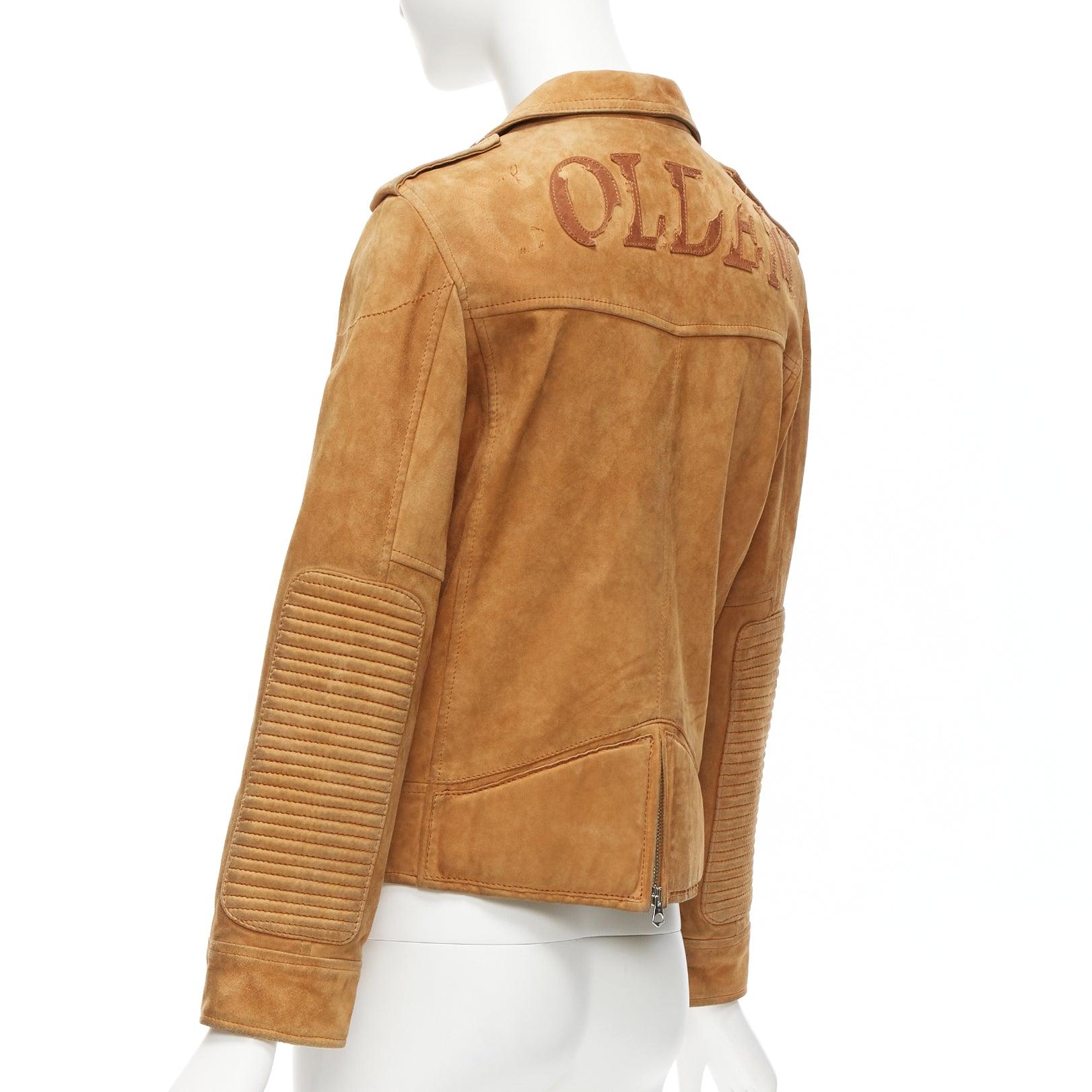 GOLDEN GOOSE veste de motard en daim marron vieilli avec logo à clous argentés en vente 2