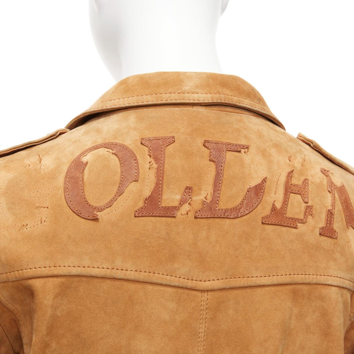 GOLDEN GOOSE tobacco brown distressed suede silver stud logo biker jacket For Sale 2