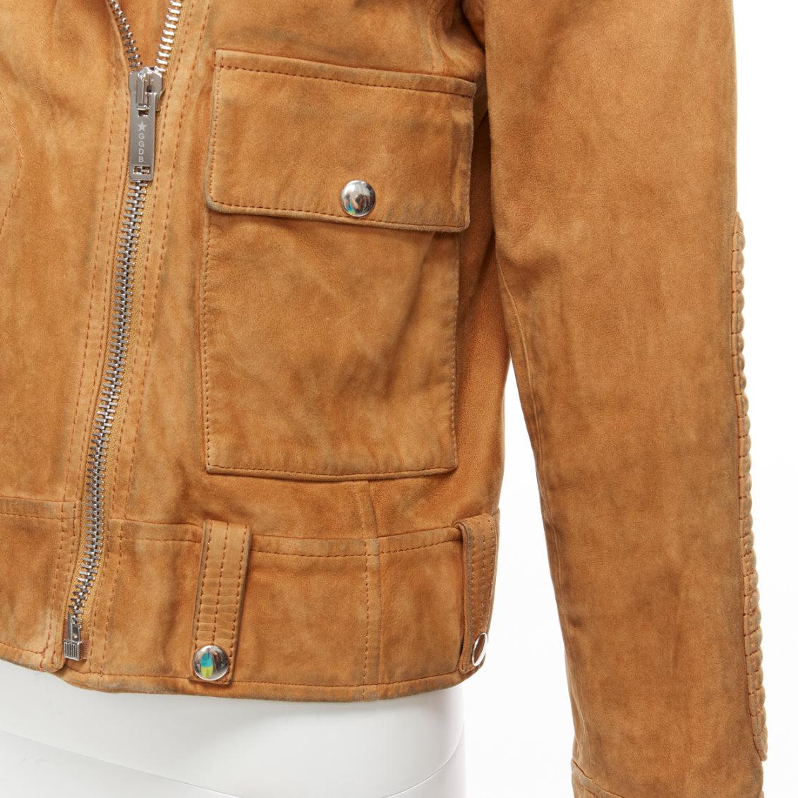 GOLDEN GOOSE tobacco brown distressed suede silver stud logo biker jacket For Sale 3