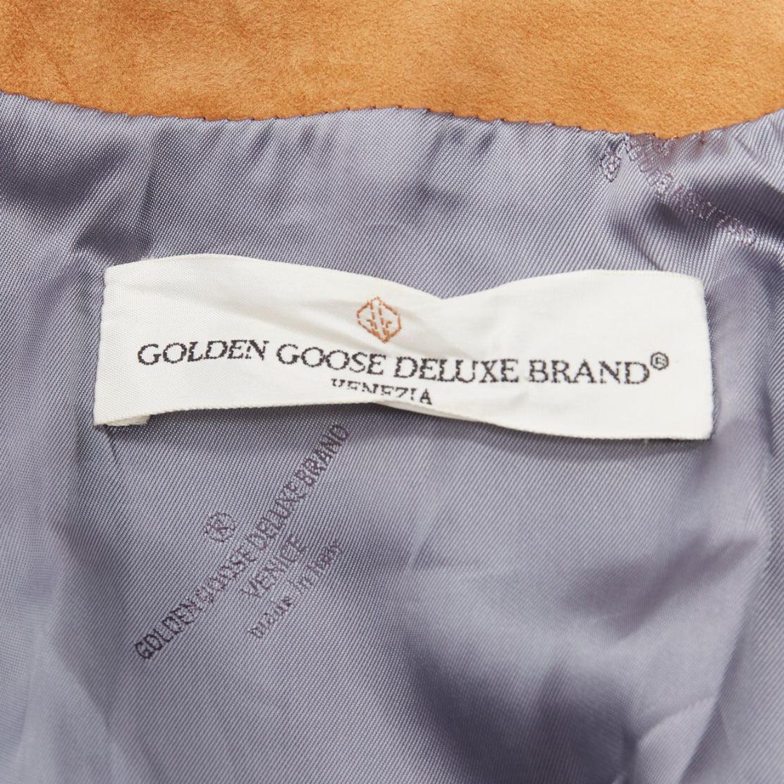 GOLDEN GOOSE tobacco brown distressed suede silver stud logo biker jacket For Sale 4