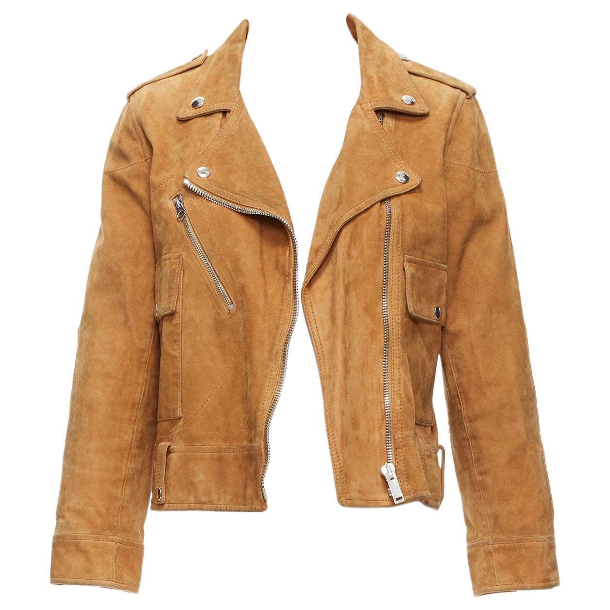 GOLDEN GOOSE tobacco brown distressed suede silver stud logo biker jacket