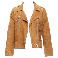 GOLDEN GOOSE tobacco brown distressed suede silver stud logo biker jacket