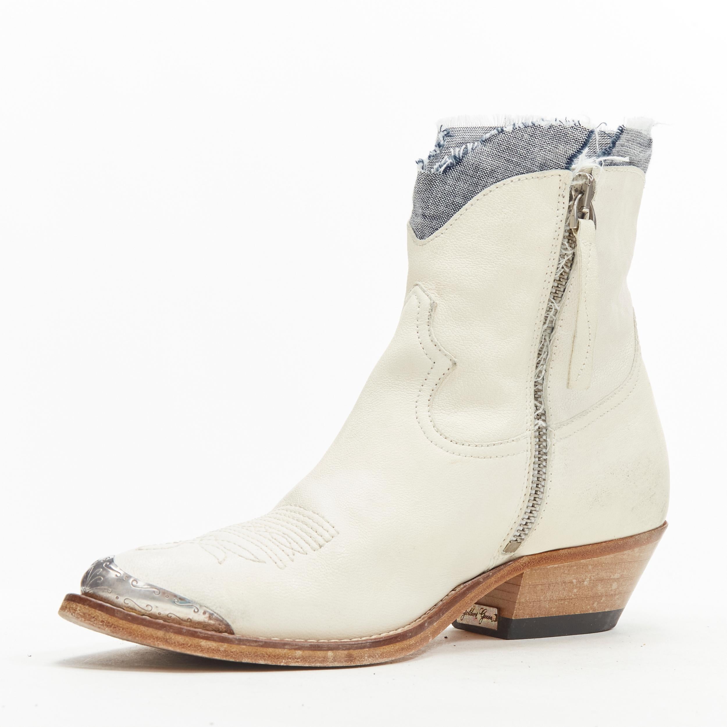 GOLDEN GOOSE white distressed leather drayed denim metal toe cowboy boots EU36 In Excellent Condition In Hong Kong, NT
