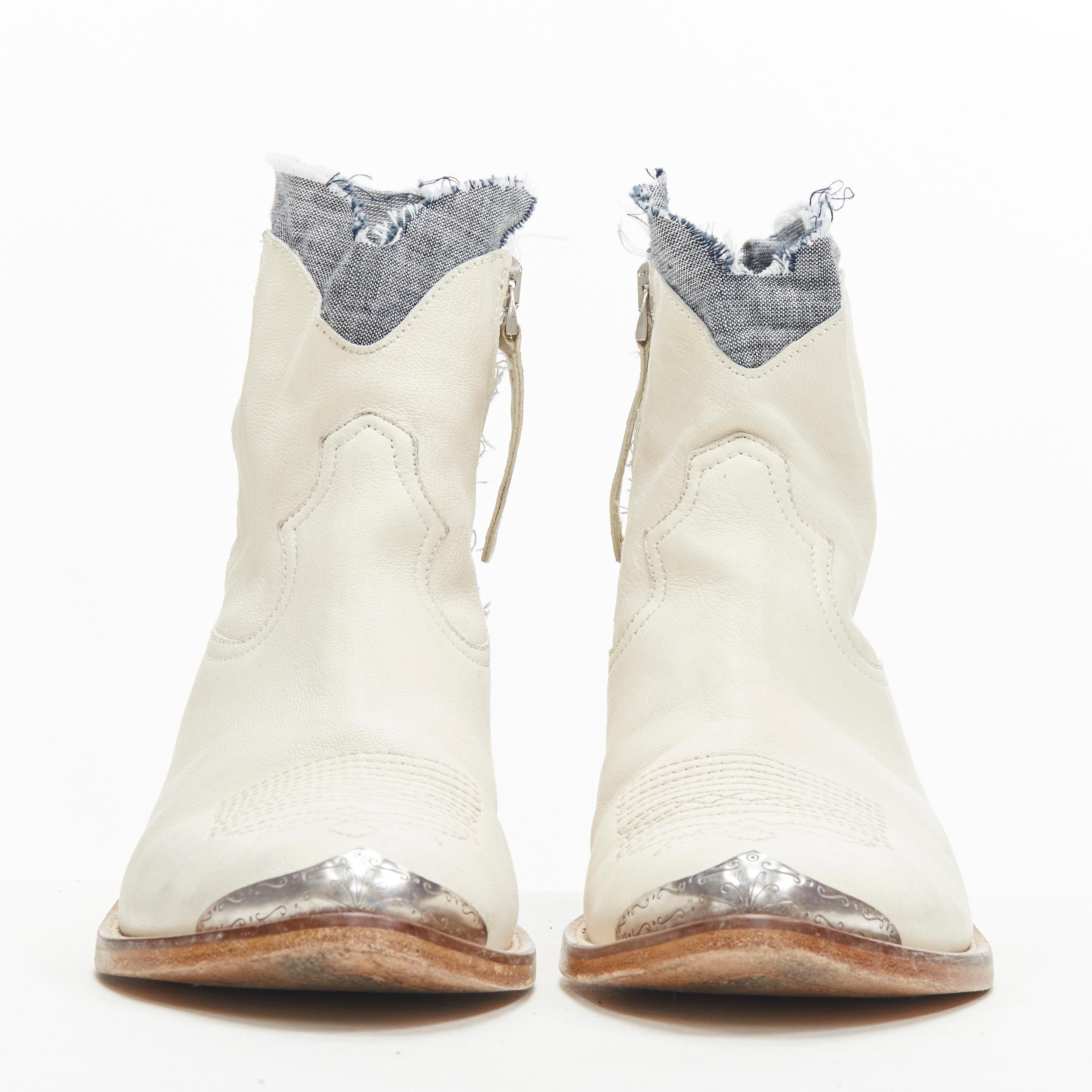 Women's GOLDEN GOOSE white distressed leather drayed denim metal toe cowboy boots EU36
