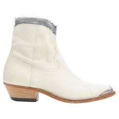 GOLDEN GOOSE white distressed leather drayed denim metal toe cowboy boots EU36