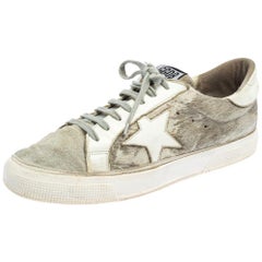 Used Golden Goose White/Grey Distressed Pony Hair May Lace Up Sneakers Size 40